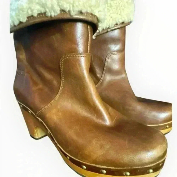 UGG Australia 1958 Brown Leather Fold Over Sheepskin Boots Womens - Picture 5 of 9